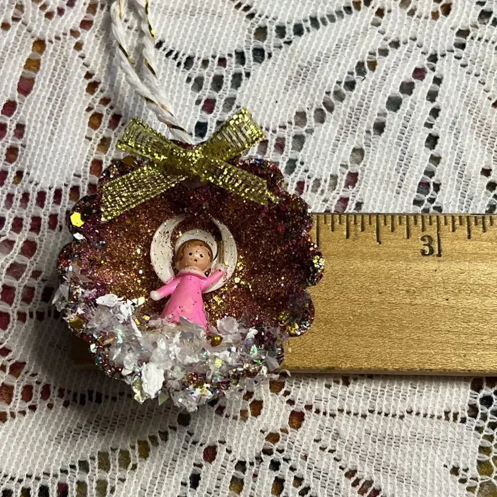 Vintage Round Tart Tin w/ Pink Angel Diorama Mid Century Style Glitter Ornament